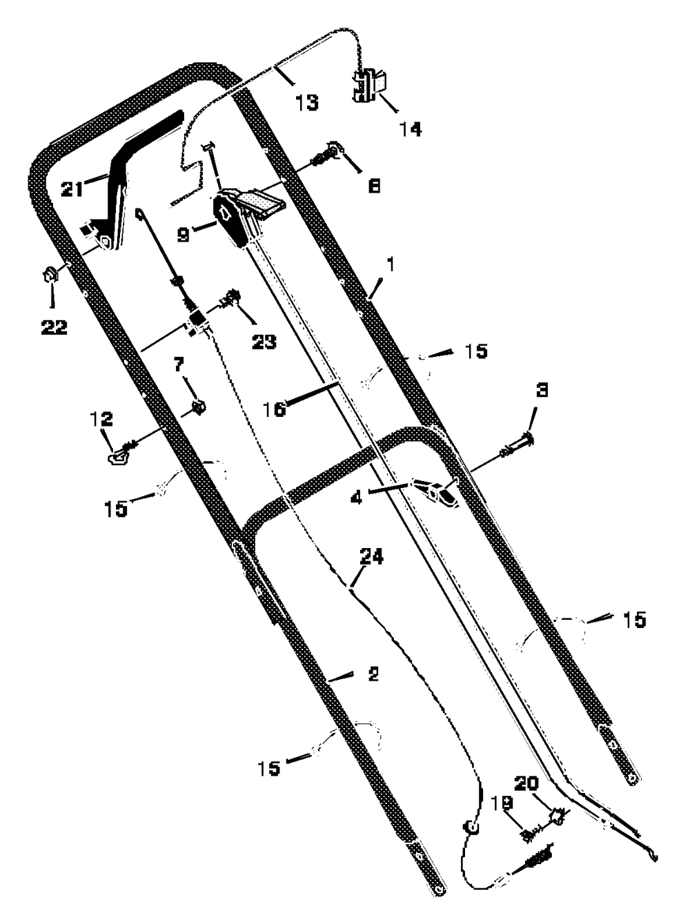 Handle Assembly Diagram and Parts List for 22765B 1997 Briggs and Stratton Lawn Mower